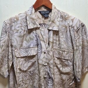 ANN MAY Shirt Mens Medium Beige Safari Animal Print Short Sleeve Silk Button Up
